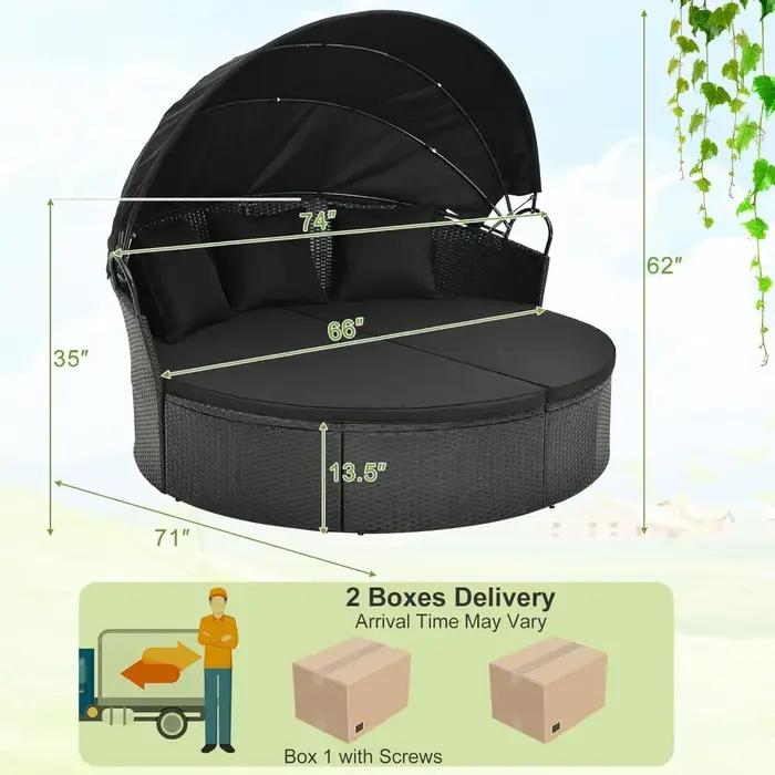Lit de repos rond pour patio extérieur avec auvent rétractable, sièges sectionnels pour meubles en o