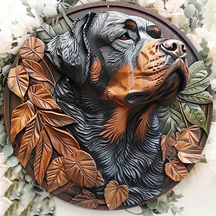 Sculpture Ronde en Bois de Chien Rottweiler, Panneau D.lique Décoratif en Aluminium, Porte Unique, M