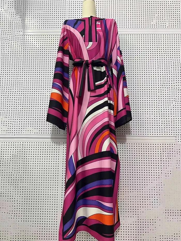 Robe pull à col semi-ouvert à lacets imprimé avec positionnement géométrique rétro pour la mode des