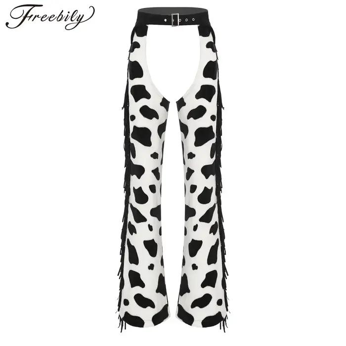 Pantalon de Cowboy pour hommes et femmes, Cosplay, imprimé vache, pompon, flanelle, entrejambe ouvert, Chaps, Costume de fête pour Halloween, Club Raves