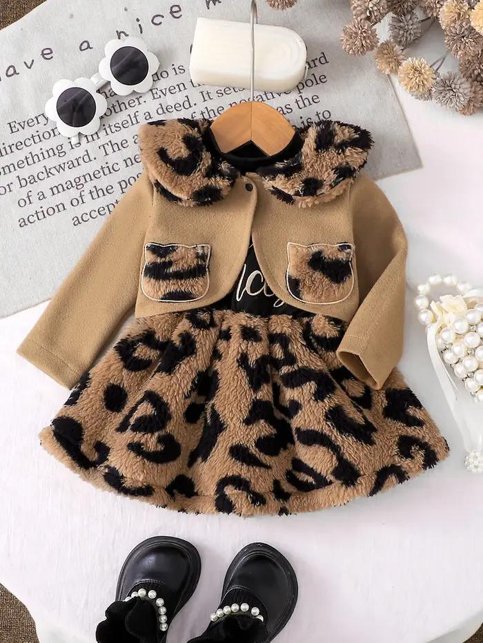 Ensemble robe en peluche à imprimé léopard + manteau court à revers pour bébé fille