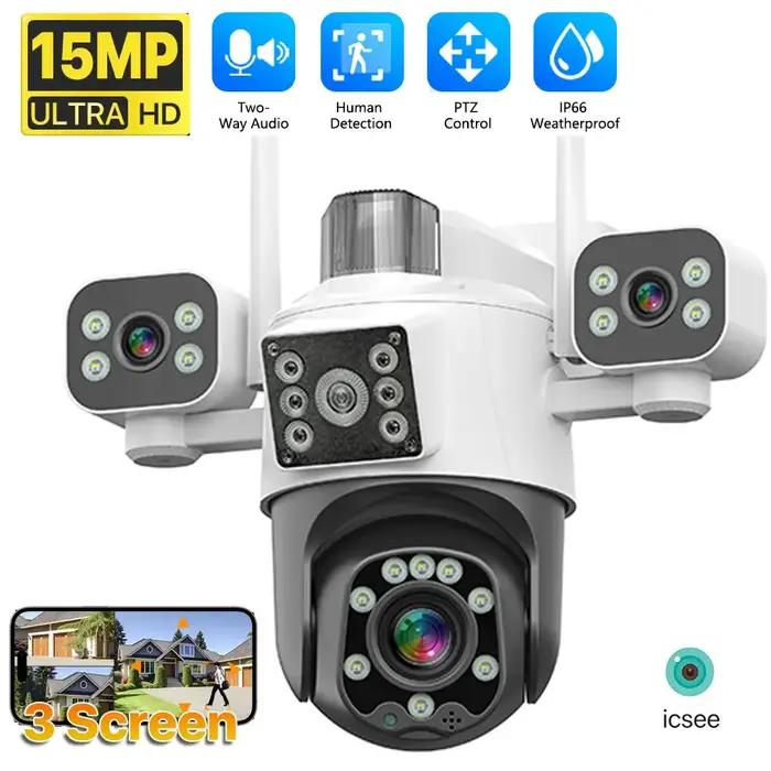 Caméra sécurité extérieure 8K 15MP 3 objectifs 3 écrans WiFi PTZ audio bidirectionnel étanche surveillance CCTV
