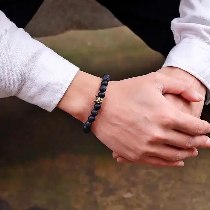 Bracelet en pierre naturelle Bouledogue Français pour homme, perles de cuivre vintage, onyx naturel, pierre de lave, alpinisme, occasions spéciales