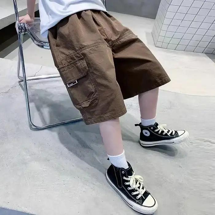 UNITIM Short d'été pour garçons, fin, uni, avec demi-bretelles, décontracté, taille élastique, pour