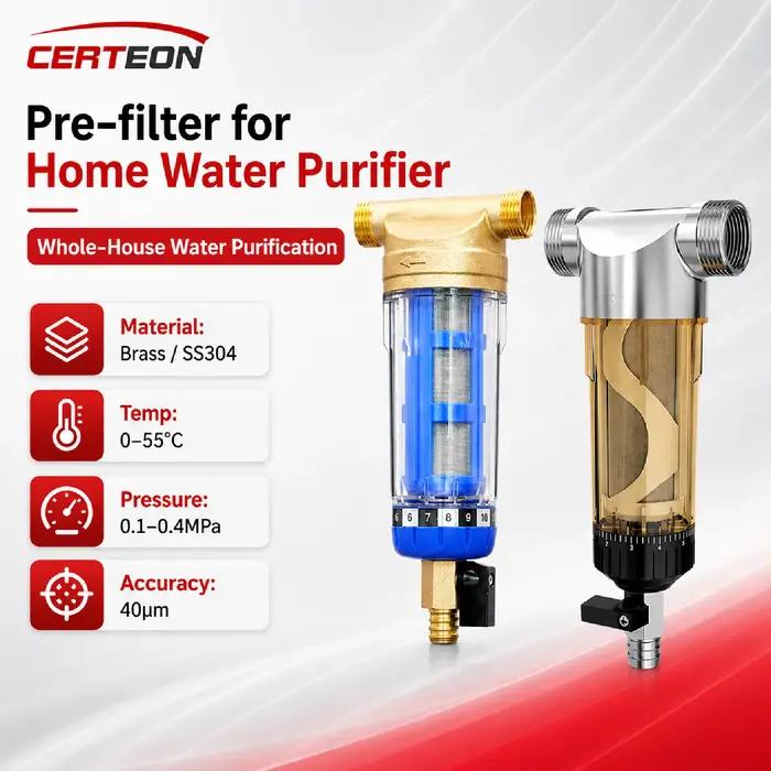 Préfiltre à Eau Domestique avec Rétrolavage Acier Inoxydable 304 40μm 4000L/h Filtre pour Tuyauterie 1/2'' 3/4'' 1'' Système de Purification d’Eau pour Toute la Maison