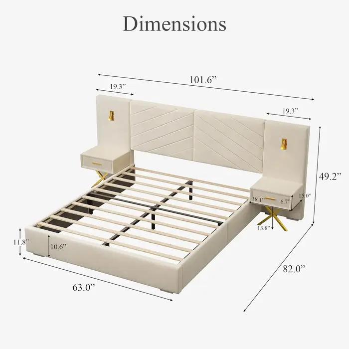 Cadre de lit Queen de luxe avec éclairage LED doré intégré et tables de chevet, tête de lit capitonn