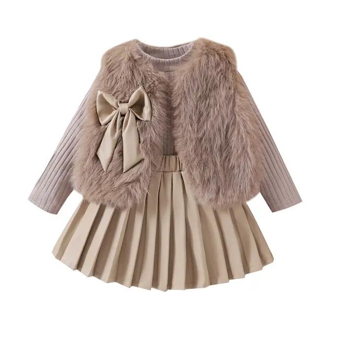 Vêtements pour enfants de 1 à 7 ans, manteau en fourrure + haut tricoté + jupe en cuir plissée, ensembles de 3 pièces, vêtements pour enfants, vêtements pour bébés filles