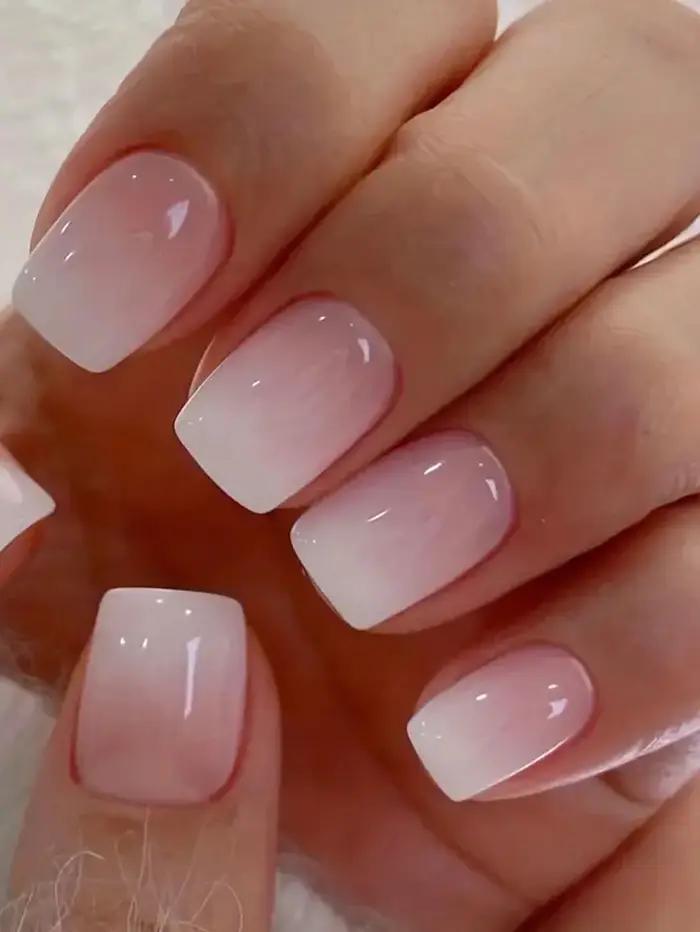 24 pièces presse sur ongles court amande rose couleur bonbon blanc Gradation Nail Art paillettes faux