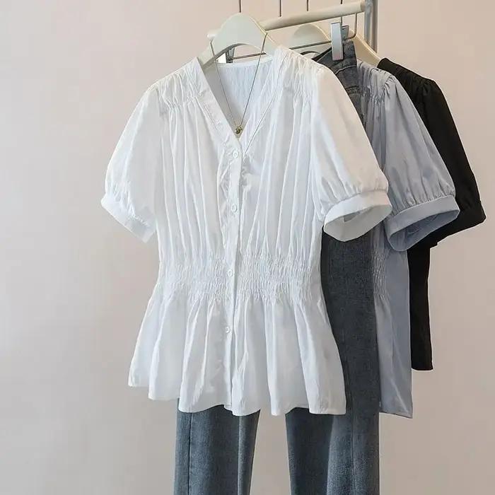 200 livres grande taille taille élastique bureau dame tendance chemise et chemisier à manches courte