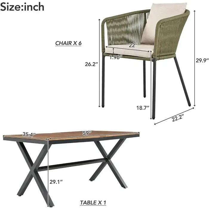 Un ensemble de meubles d'extérieur de 7 pièces avec table à manger et chaises, plateau en bois d'aca