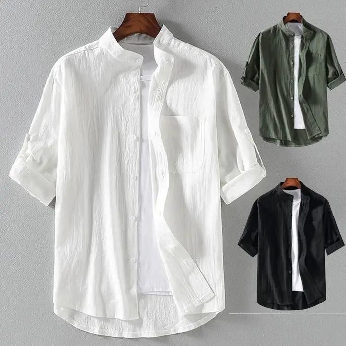 Chemise à manches courtes pour hommes, col montant, cinq points, manches mi-longues, à la mode, manc