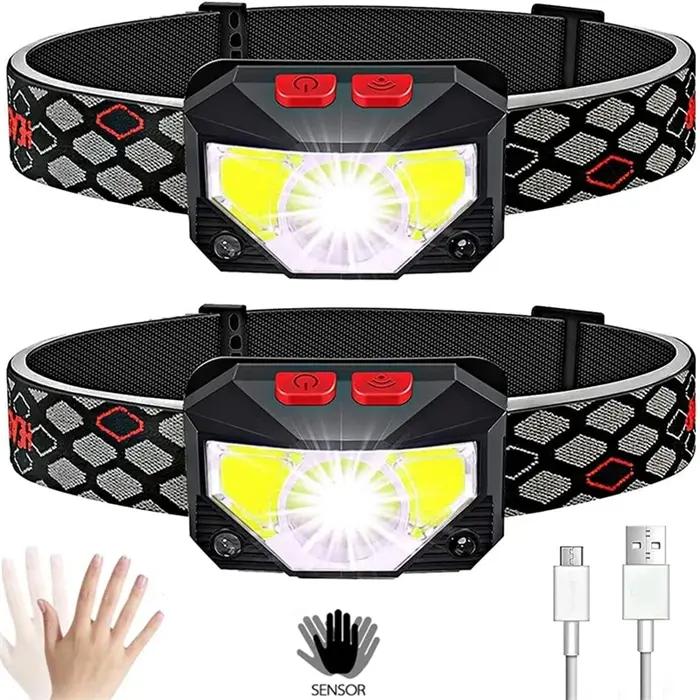 Lot de 2 lampes frontales LED étanches avec capteur de lumière, rechargeables par USB, idéal pour le