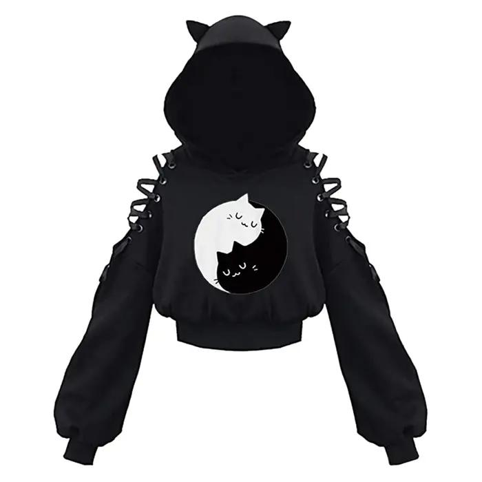 Y2k gothique femmes à capuche chat oreille haut court sweat à capuche évider à lacets à manches long