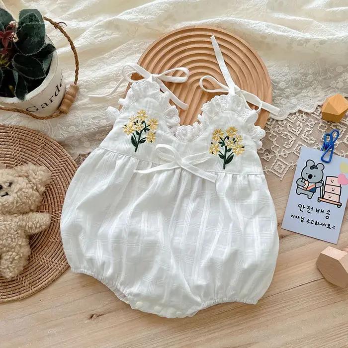 2025 été charmant sans manches nœud papillon fleur brodé infantile nouveau-né filles une pièce body doux bébé fille dent