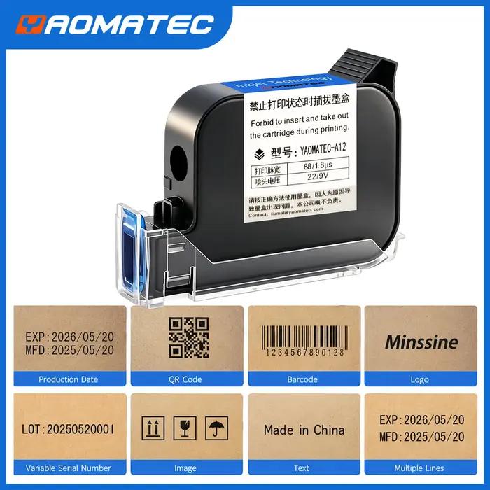 Cartouche d'encre pour imprimante à jet d'encre portable YAOMATEC A12 à séchage rapide, compatible avec les solvants écologiques, haute adhérence, 12,7 mm