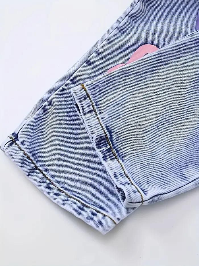 Pantalon en denim droit et ample imprimé motif tournesol Y2K pour filles, ajustement parfait, style sportif, confort pour toutes les saisons, cadeau idéal pour les petites exploratrices
