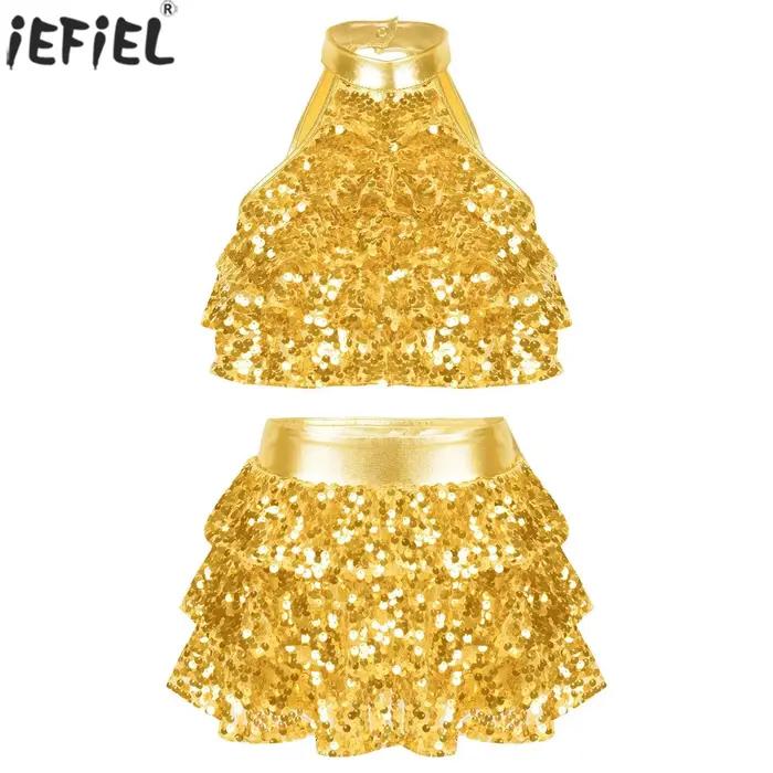 Haut court à plusieurs niveaux avec jupe pour enfants, paillettes brillantes pour filles, ensemble d