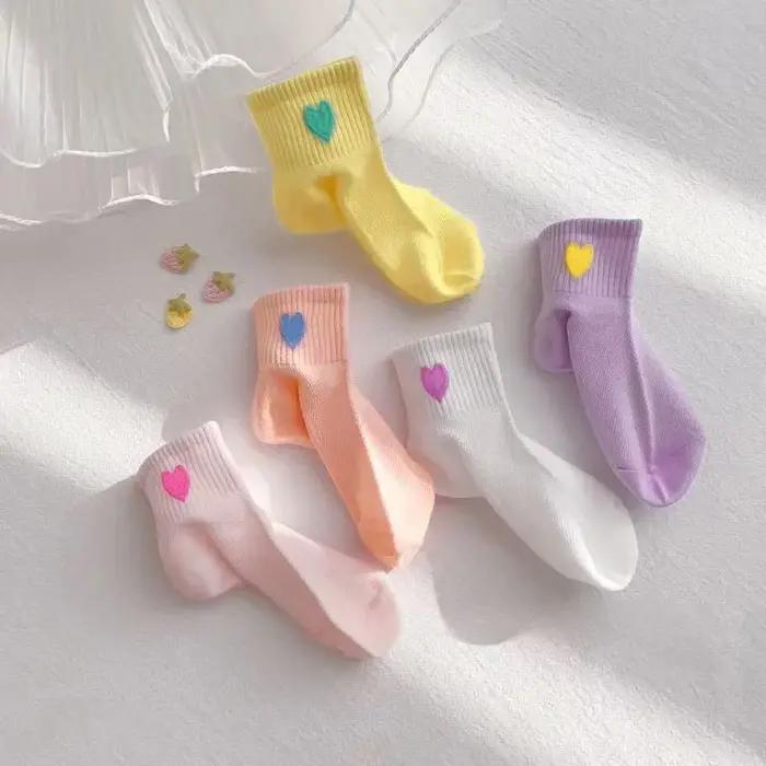 5 paires de chaussettes pour filles, motif en forme de cœur, maille respirante et confortable pour e
