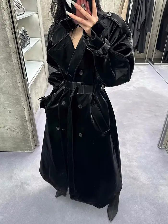 Lautaro printemps automne Extra Long surdimensionné Cool réfléchissant brillant noir en cuir verni T