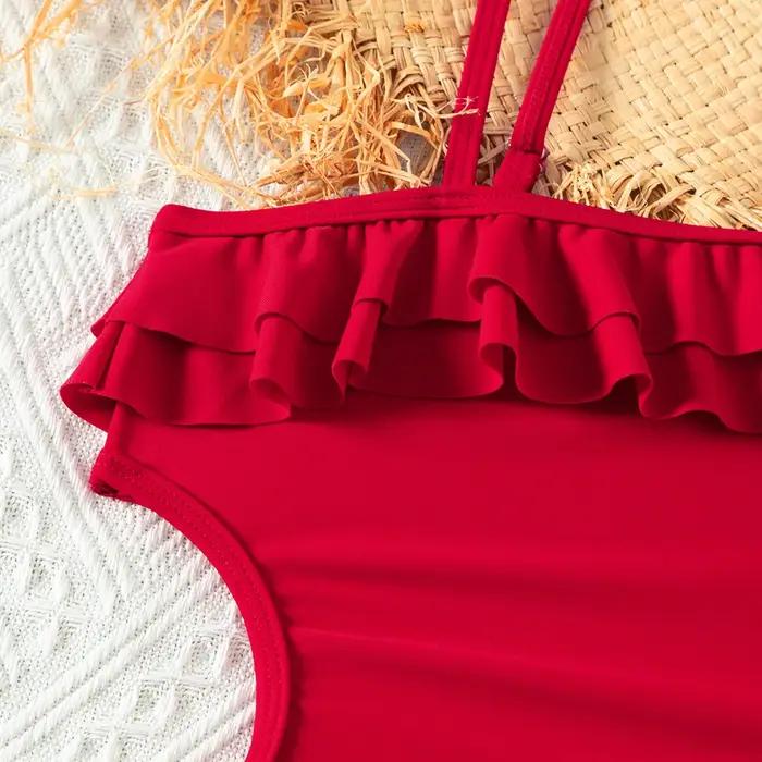 Maillot de bain rouge rétro pour adolescentes, ensemble une pièce à volants, vêtements de plage pour