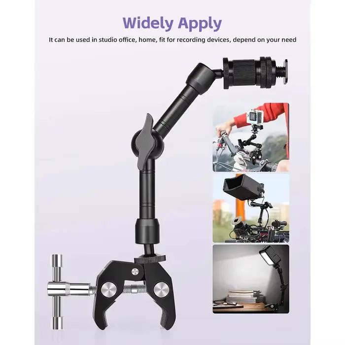 Bras magique réglable avec super pince, bras articulé de 9 pouces, pince à friction, kit de vis à crabe pour caméra, moniteur, lumière