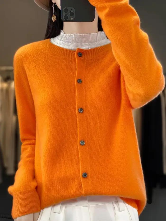 Cardigans en laine mérinos pour femmes, pull en cachemire, col rond, manches longues, tricot, vêteme