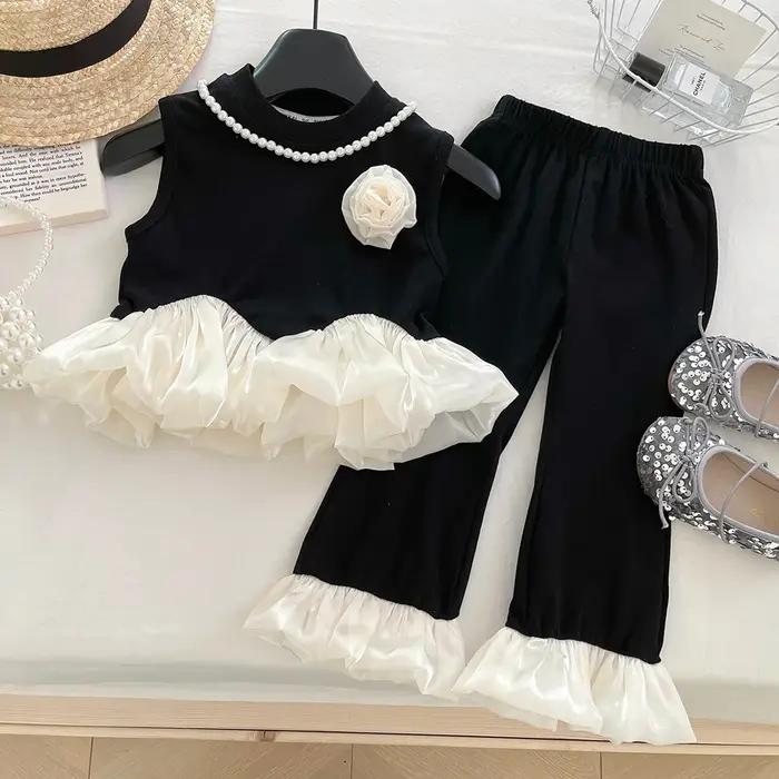 Costume d'été pour filles, polyester et coton, style fashion, patchwork, ensemble deux pièces, gilet sans manches et pantalon, occassions spéciales et quotidiennes
