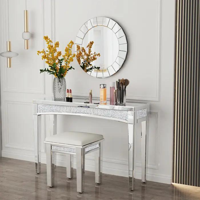 Table console miroir argentée avec incrustation de cristal, bureau, canapé, salon, entrée, foyer, 47