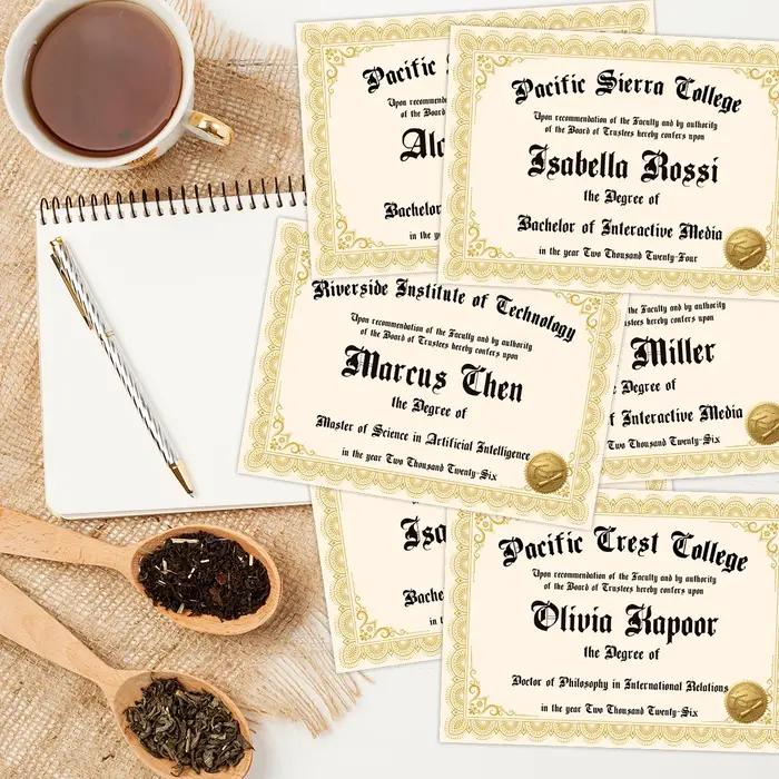 6 cartes de diplôme personnalisées, nom, établissement scolaire, diplôme et année personnalisés, faux diplôme de remise de diplôme, pour accessoire photo de fête ou carte postale