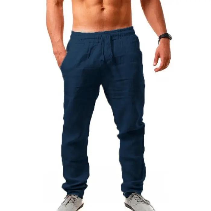 Pantalon été coton lin loose homme couleur unie taille plus M-5XL casual décontracté