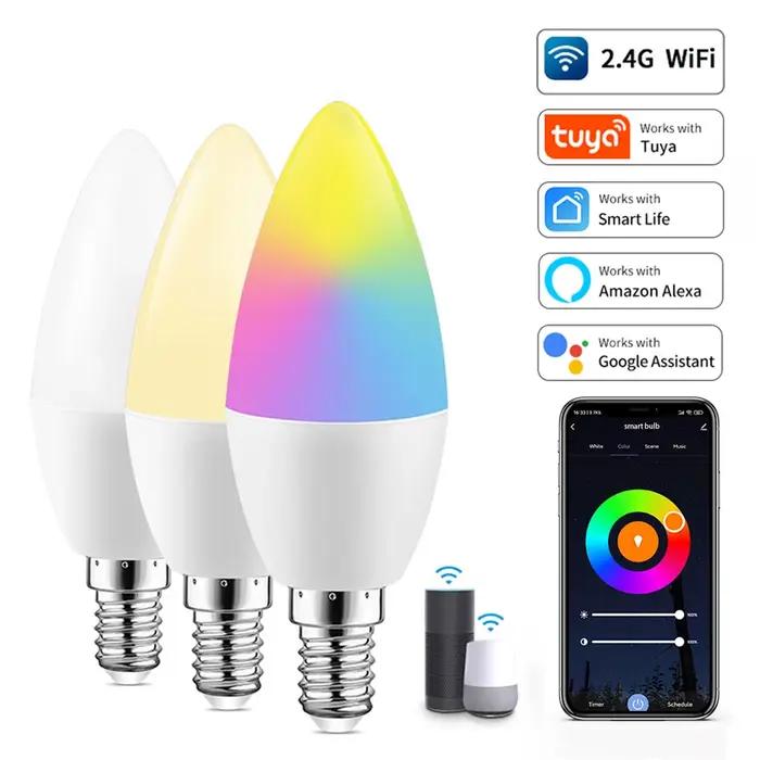 Ampoule LED Tuya Smart WiFi, E14, candel Light, 5W, 7W, 9W, 220V, lampe RVB à intensité variable, co