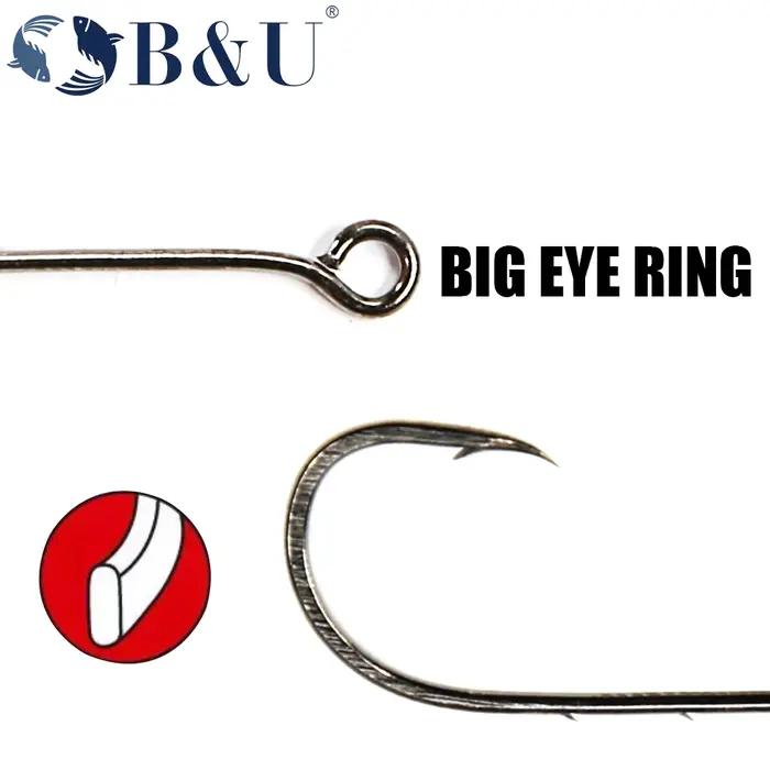 B & U-Hameçon de pêche Big Eye, longue tige, barbelé, rond, joint plié, grand anneau, ver, crochet,