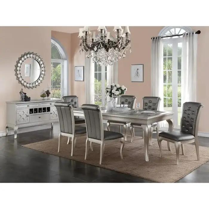 7 pièces Rect. Ensemble de table à manger en verre avec teinte argentée et 6 chaises d'appoint capit