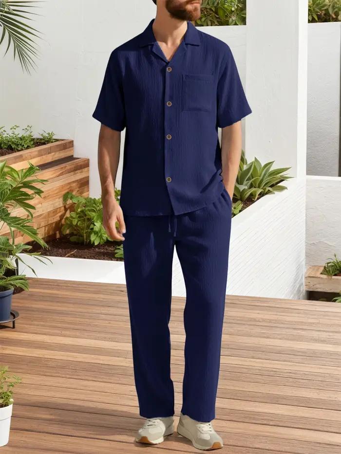 Ensembles décontractés deux pièces pour hommes – Hauts à revers à manches courtes et pantalons longs de couleur unie –