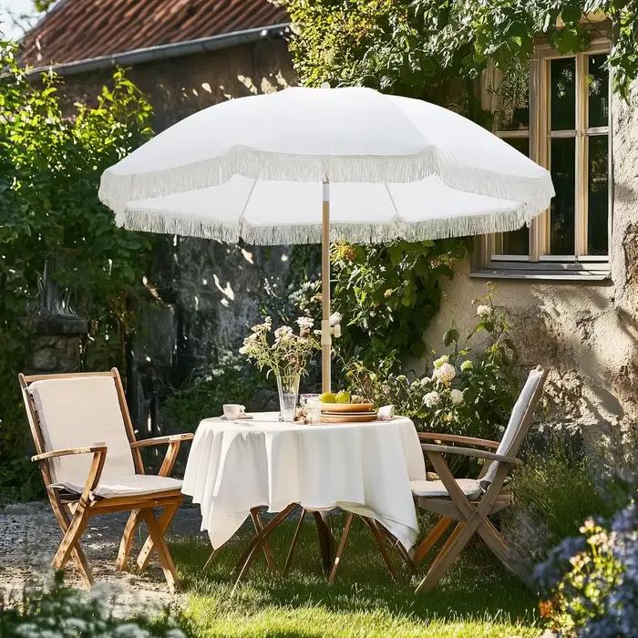 Parasol Bohème de 6,5 pieds avec franges, protection UPF50+, design inclinable pour la plage et les