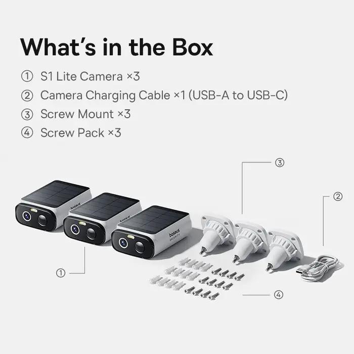 Baseus Security S1 Lite Caméra de sécurité solaire Caméra extérieure sans fil Alimentation continue Résolution 2K 135 ° Caméra Wifi FOV IP67