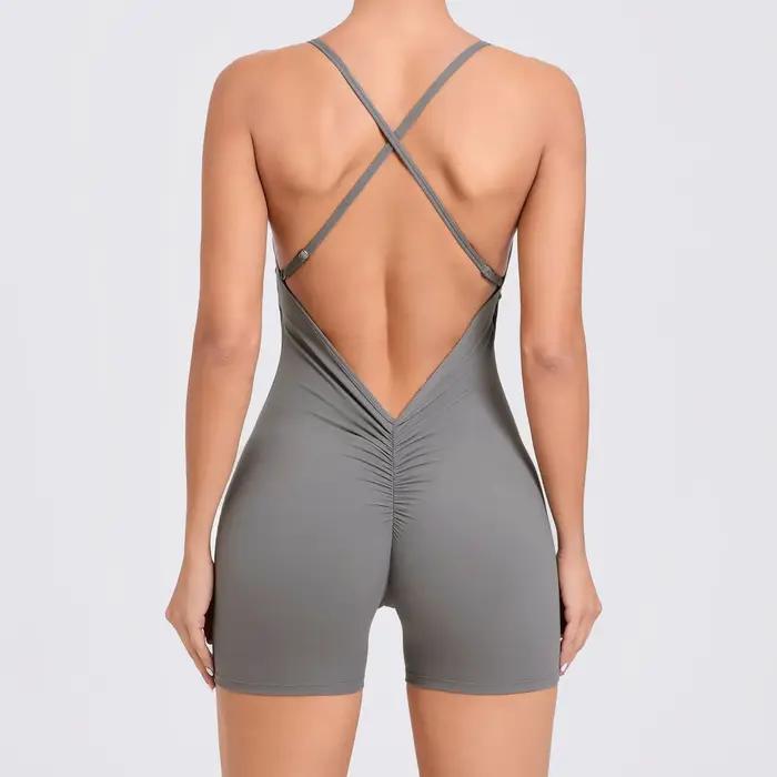 Combinaison de yoga dos nu pour femme, ensemble de shorts, vêtements de sport siamois, fitness sport