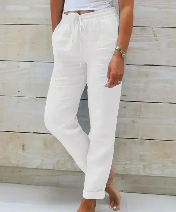 Pantalon d'été en coton et lin pour femme, taille haute élastique, décontracté, streetwear, couleur