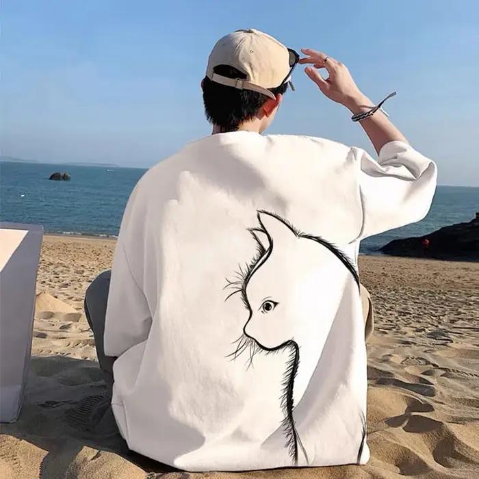 T-shirt imprimé chat de dessin animé pour homme