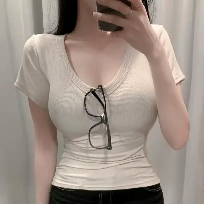 T-shirt à manches courtes pour femme 2026 – Uni, simple, décontracté, doux, polyvalent, basique, cou