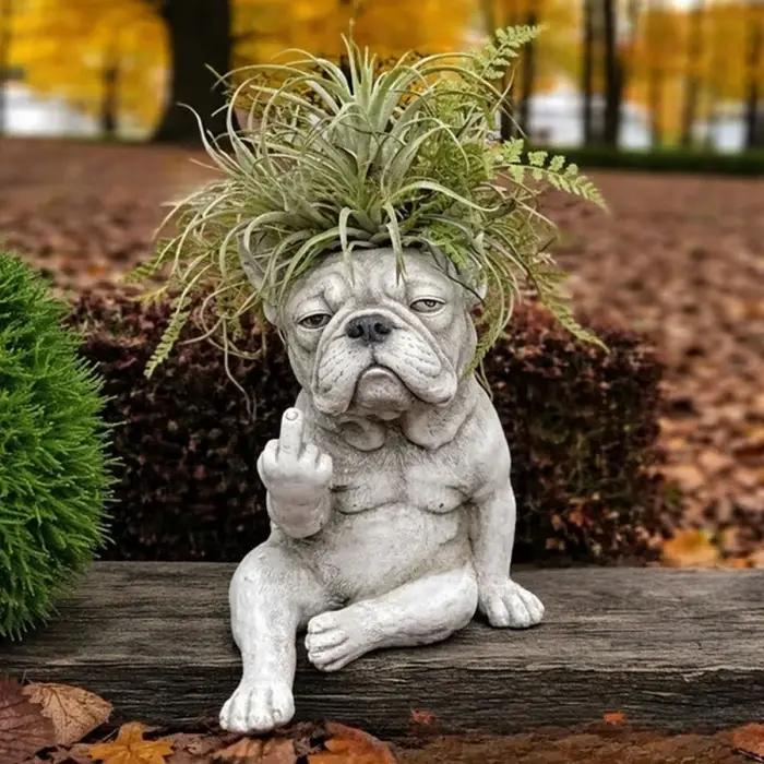 Pot de fleurs créatif en résine Bouledogue Français grincheux pour jardin extérieur pelouse décoration de bureau ornement artisanal cadeau original occassions spéciales