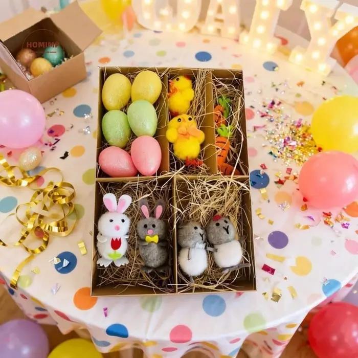 Ornement artisanal de Pâques : Œufs de Pâques, figurine réaliste de lapin et poussin, lapin mignon, poulet, pour fête festive