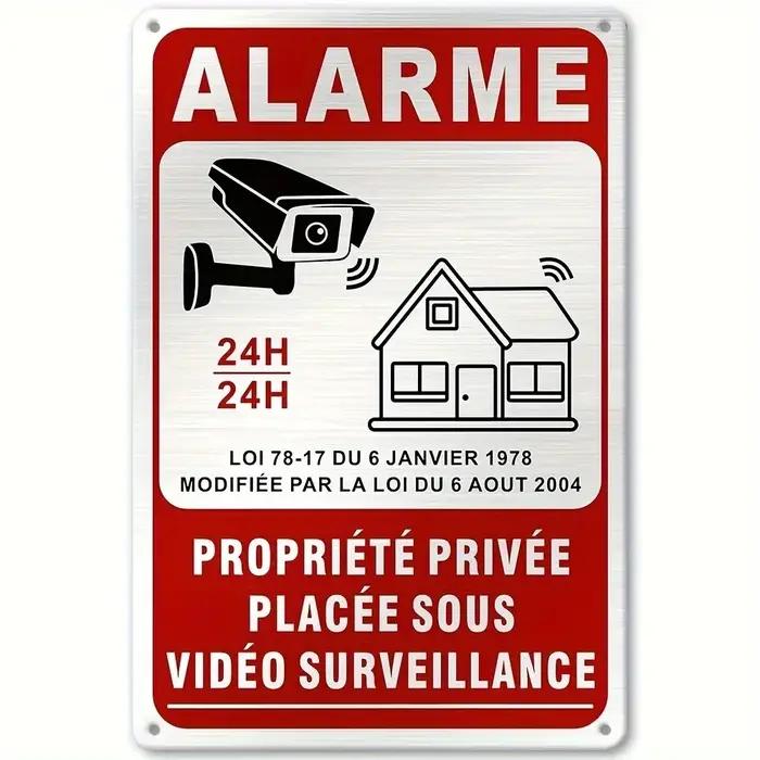 Panneau de sécurité vintage français en métal - Avertissement de vidéosurveillance avec motif caméra