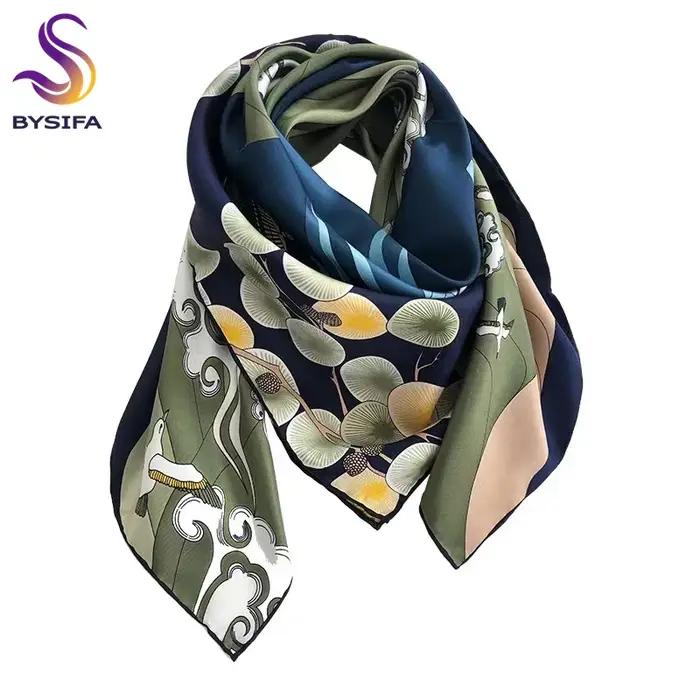 BYSIFA – écharpe carrée en soie Pure pour femme, châle, Hijab, bleu, vert, marque de luxe, collectio