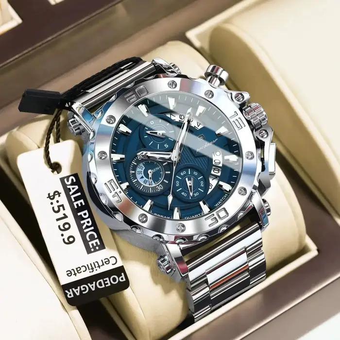 Montre POEDAGAR luxe pour homme - Chronographe étanche lumineux avec calendrier en acier inoxydable