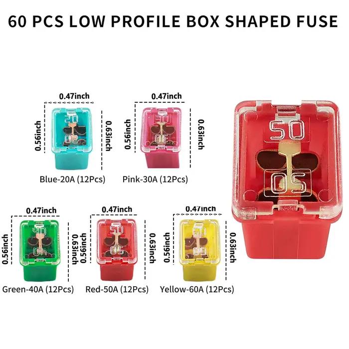 Kit de 60 fusibles Jcase à profil bas en forme de boîte assortiment de fusibles à cartouche pour camion protection sécurité efficacité conducteur