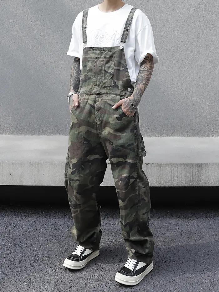 Salopette en jean imprimé camouflage multi-poches pour hommes – Coton