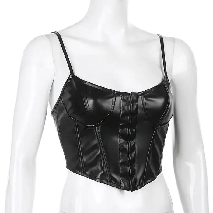 Corset femme Sexy noir en cuir PU Bustier haut court mode dame sans manches sangle Camis Clubwear ét