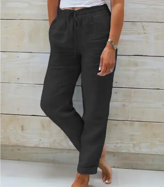 Pantalon d'été en coton et lin pour femme, taille haute élastique, décontracté, streetwear, couleur