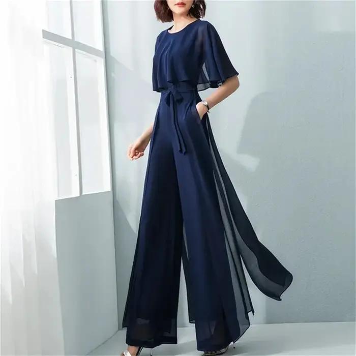 Combinaison en mousseline de soie pour femmes avec manches feuille de lotus et jambes larges pour les juniors élégance quotidienne et occasions spéciales